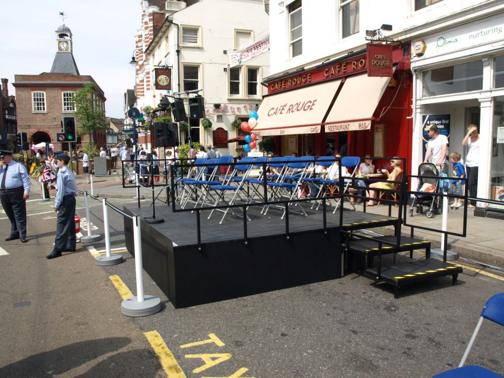 Raised seating built for dignitaries to watch a parade