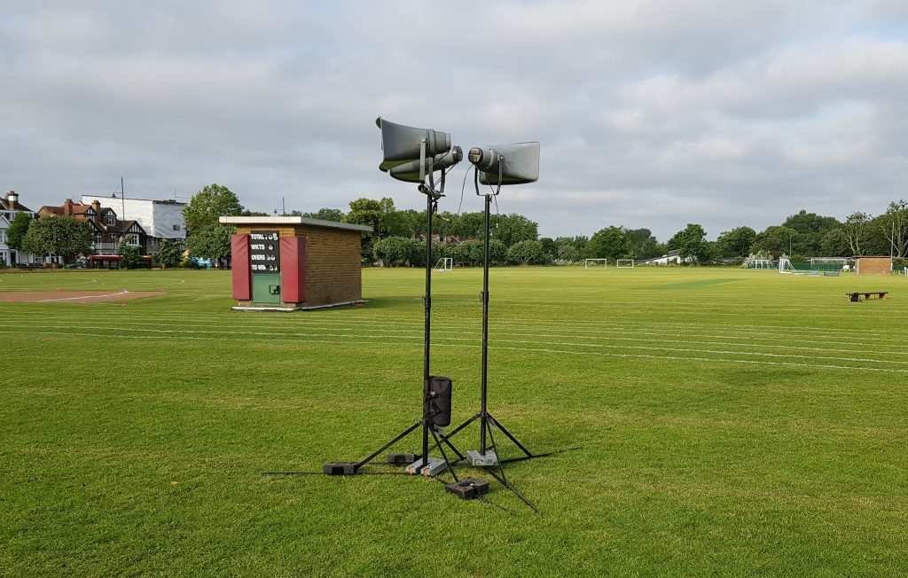 Two loudspeaker stands as used for sporting events